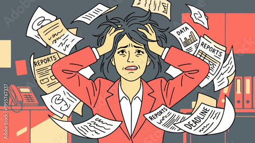 Overwhelmed Office Worker Buried Under Paperwork and Strict Deadlines Experiencing Workplace Burnout