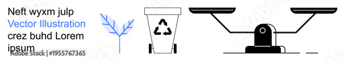 Environmental awareness, sustainable choices, recycling practices, eco-friendly living, green energy, ethical balance. Recycling bin, small plant and balanced scale. Sustainable choices