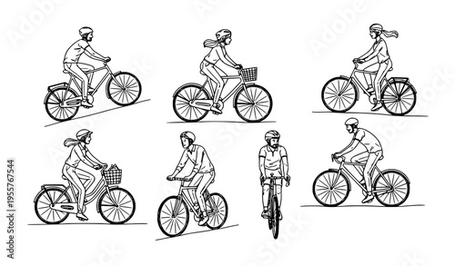 Hand drawn cyclists doodle set with men and women riding city and road bicycles in playful sketch style