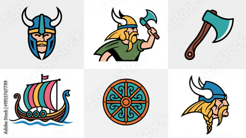 Viking Warrior Icon Set with Helmet Battle Axe Longship Shield and Berserker Character for Nordic Mythology and History Design Concept Flat Vector Illustration
