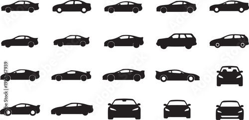 Comprehensive Car Silhouette Set – Diverse Sedan, Sport, and SUV Multi-View Icons