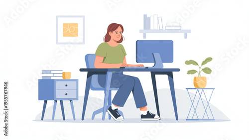 Young woman working on computer at home office desk with modern furniture and plants flat vector illustration.