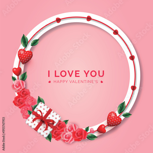 A romantic Valentine's Day graphic with a loving couple and festive decorations