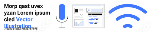 Voice recognition, data processing, wireless connectivity, internet access, tech innovation, digital communication. Microphone, graphs and wireless symbol . Voice recognition and data processing