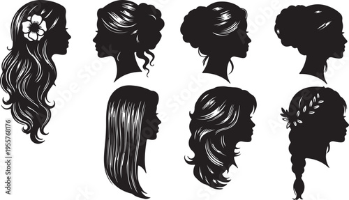 Elegant Female Hair Profile Silhouettes – Set of 6 Beautiful Woman Hairstyles
