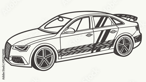 Sports sedan car outline with racing stripes, dynamic vector illustration for automotive design and graphics