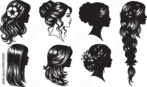 Elegant Female Hair Profile Silhouettes – Set of 6 Beautiful Woman Hairstyles