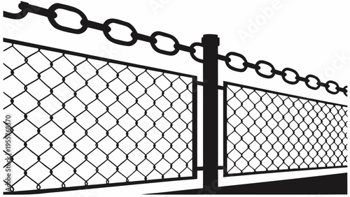Black and white chain link fence and security chain, industrial boundary protection graphic