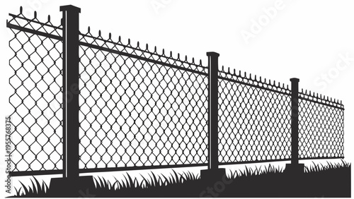 Black and white chain link fence with spiked tops and grass, secure property boundary illustration