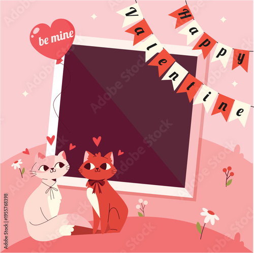 A cute illustration of two cartoon cats sitting in front of a blank frame with Valentine's Day decorations