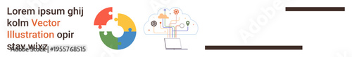 Cloud computing, data sharing, collaboration, technology integration, IT services, digital networks. A puzzle piece connected to a cloud and computer device. Cloud computing and data sharing concept