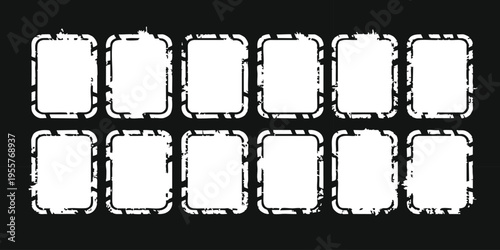 Set of distressed grunge rectangular frames with weathered borders for vintage rubber stamp effects isolated on black background vector illustration