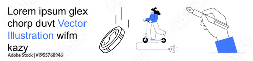 Urban mobility, eco-friendly transport, graphic design, digital creativity, modern concepts, vector art. A person rides a scooter, a pen in hand dynamic compositions. Urban mobility and eco-friendly