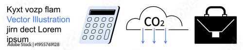 Sustainability, carbon footprint, environmental accountability, financial management, business strategy, ecological impact. a calculator, CO2 emission cloud and a briefcase. Carbon footprint
