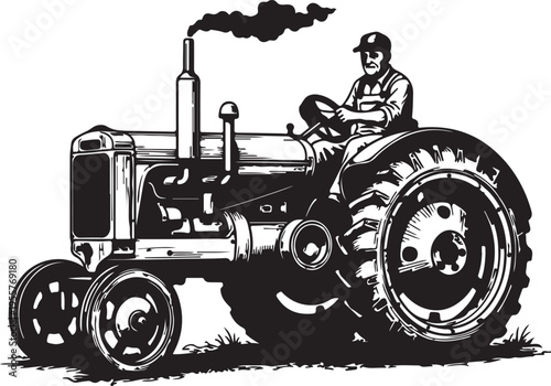 Vintage Tractor and Farmer Illustration – Antique Agricultural Machinery Vector