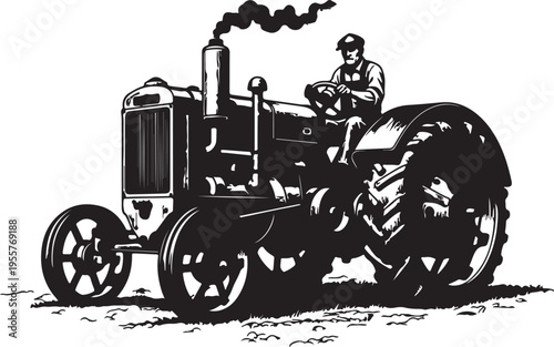 Vintage Tractor and Farmer Illustration – Antique Agricultural Machinery Vector