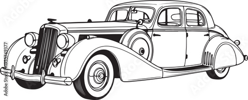 Vintage Classic Car Line Art – 1930s Antique Luxury Sedan Vector