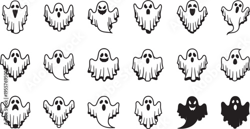 Vector Ghost Illustrations with Different Expressions – Cute and Scary Phantom Set