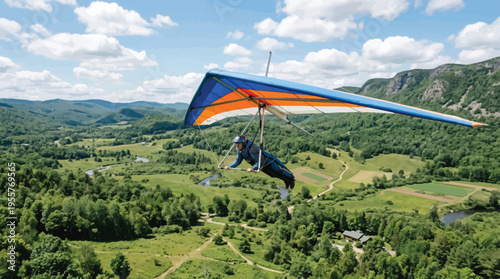 Hang Glider Soaring High Above Lush Green Mountains and Valleys on a Bright Sunny Day