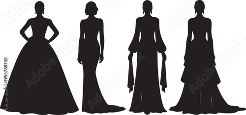 Elegant Women in Evening Gowns Silhouettes – Formal Dress Fashion Icon Set
