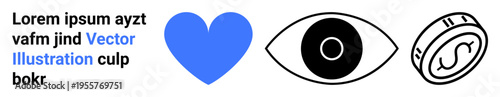 Love, vision, finance, design, branding, symbolism. A blue heart, eye symbol and circular currency icon. Love and vision are highlighted alongside financial and conceptual