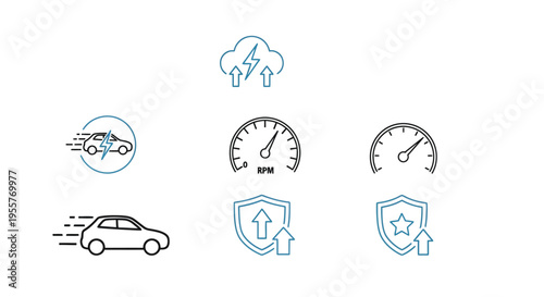 Collection of automotive dashboard icons including gauges speed and safety symbols