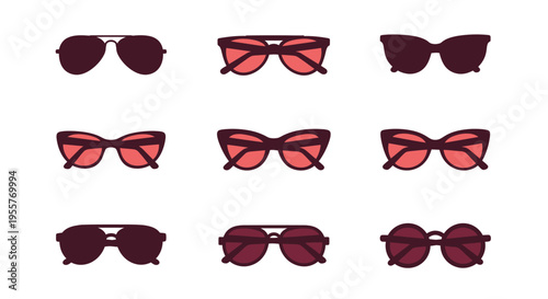 Collection of colorful sunglasses in various styles arranged in a grid pattern