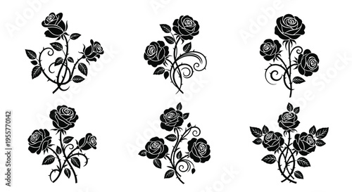 Black and white floral arrangements of roses with swirling stems and leaves