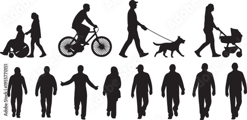 Diverse People Silhouette Set – Inclusive Urban Pedestrians, Cyclists, and Families