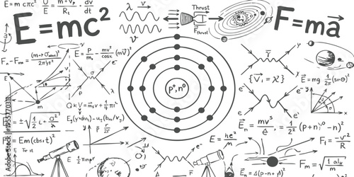 Handwritten physics and science formulas with atom model and planetary sketches vector illustration