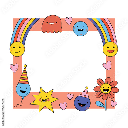 A colorful cartoon frame with smiling faces and festive decorations for a party or celebration