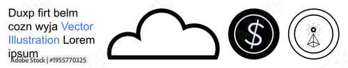 Cloud computing, financial transactions, cybersecurity, data storage, monitoring systems, digital assets. A cloud outline next to a dollar symbol and an eye figure. Cloud computing and financial