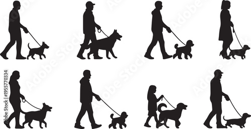 People Walking Dogs Silhouette Set – Diverse Pet Owners and Canines on Leash