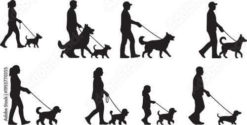 People Walking Dogs Silhouette Set – Diverse Pet Owners and Canines on Leash