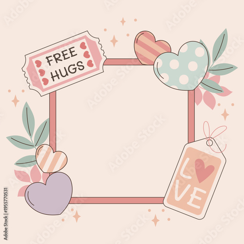 A colorful illustration of a heart-shaped frame with free hugs and love tags