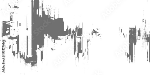 Abstract grunge texture with vertical streaks, rough paint drips, and distressed edges, monochrome grayscale, urban decay aesthetic, glitch-like composition, minimalist background.