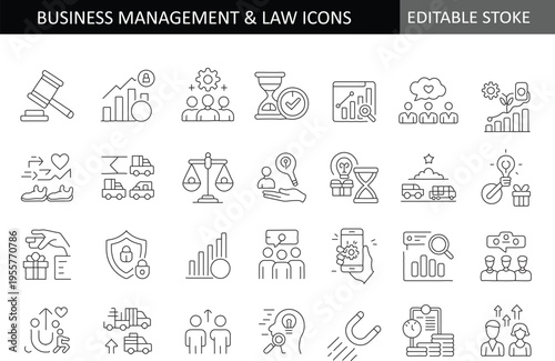 Premium Business Management and Legal Services Icon Set - Professional Linear Editable Stroke Vectors for Corporate Law, Compliance, Leadership Strategy, Justice, and Financial Regulation Concepts