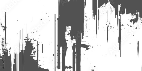 Abstract grunge texture with vertical streaks, rough paint drips, and distressed edges, monochrome grayscale, urban decay aesthetic, glitch-like composition, minimalist background.