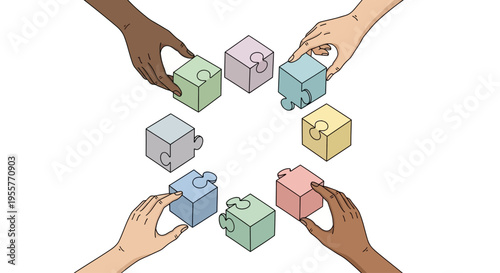 Hands holding puzzle pieces together.