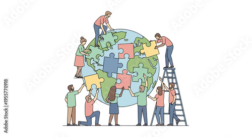 People Working Together on Globe Puzzle.