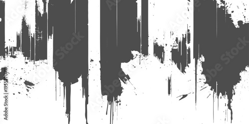 Abstract grunge texture with vertical streaks, rough paint drips, and distressed edges, monochrome grayscale, urban decay aesthetic, glitch-like composition, minimalist background.