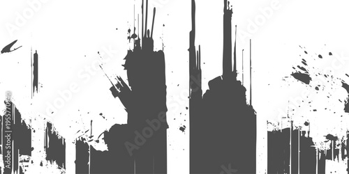 Abstract grunge texture with vertical streaks, rough paint drips, and distressed edges, monochrome grayscale, urban decay aesthetic, glitch-like composition, minimalist background.