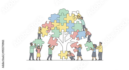 Diverse people holding puzzle pieces together.