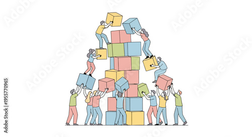 People working together stacking blocks.