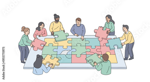 Diverse group working on puzzle pieces.