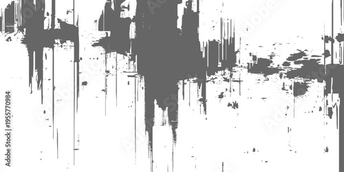 Abstract grunge texture with vertical streaks, rough paint drips, and distressed edges, monochrome grayscale, urban decay aesthetic, glitch-like composition, minimalist background.