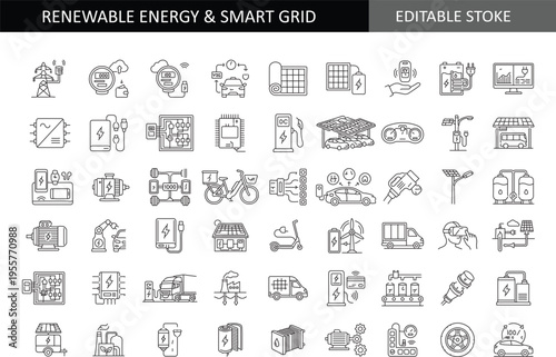 Professional Renewable Energy and Smart Grid Icon Set - Minimalist Linear Editable Stroke Vectors for Sustainable Power, Electric Vehicle Charging, Solar Energy, Wind Turbines, and Eco-Friendly Infras