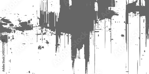 Abstract grunge texture with vertical streaks, rough paint drips, and distressed edges, monochrome grayscale, urban decay aesthetic, glitch-like composition, minimalist background.