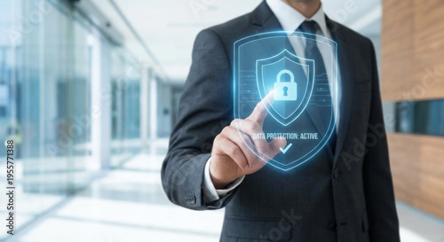 Professional Touching Virtual Shield Cybersecurity Interface Minimal Composition Ultra Clean Stock.