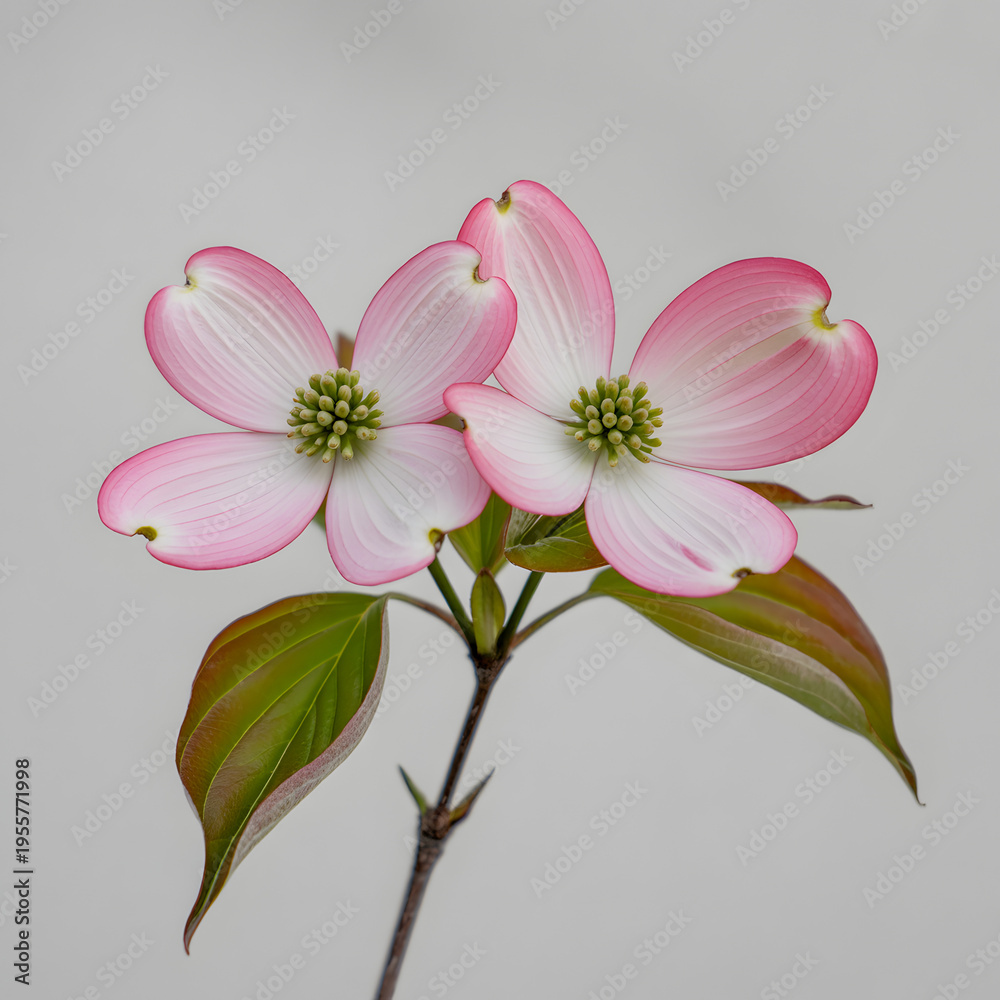Naklejka premium Pink dogwood blossom branch with delicate petals and green leaves on neutral gray background — botanical flower studio portrait
